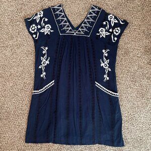 Size Large Lucky Brand navy blue white black gauze embroidered dress